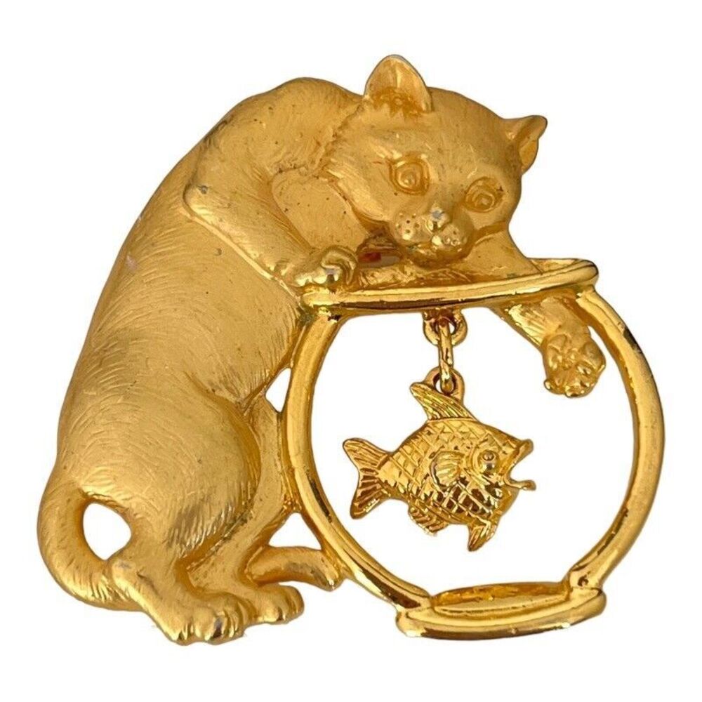 Vintage 1980s JJ Cat Fishbowl Brooch Gold Tone Figural Pin - 6W